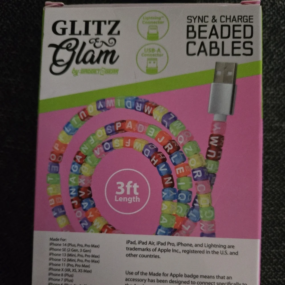 Glitz & Glam Beaded Charging Cable 3ft Iphone Ipad Ipod USB-A connector Hp🔥🔥